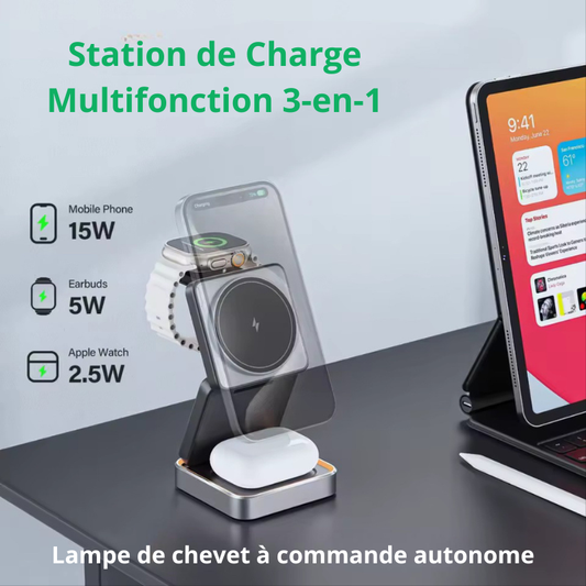 Chargeur sans fil pliable 3-en-1 pour iPhone 16/15/14/13/12, compatible MagSafe, AirPods et Apple Watch