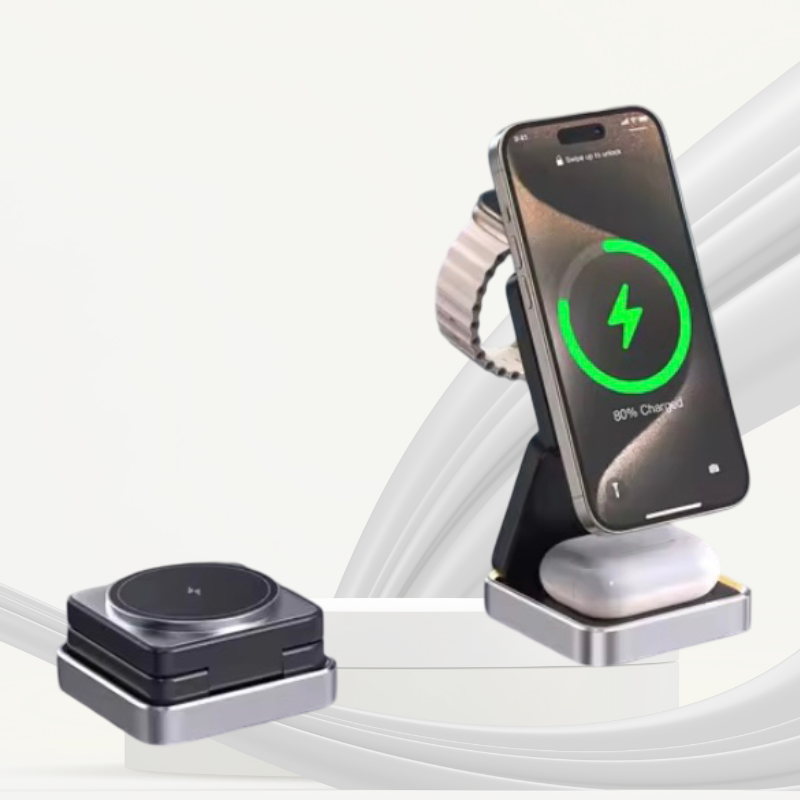 Chargeur sans fil pliable 3-en-1 pour iPhone 16/15/14/13/12, compatible MagSafe, AirPods et Apple Watch