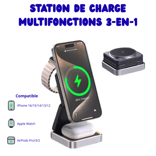 Chargeur sans fil pliable 3-en-1 pour iPhone 16/15/14/13/12, compatible MagSafe, AirPods et Apple Watch