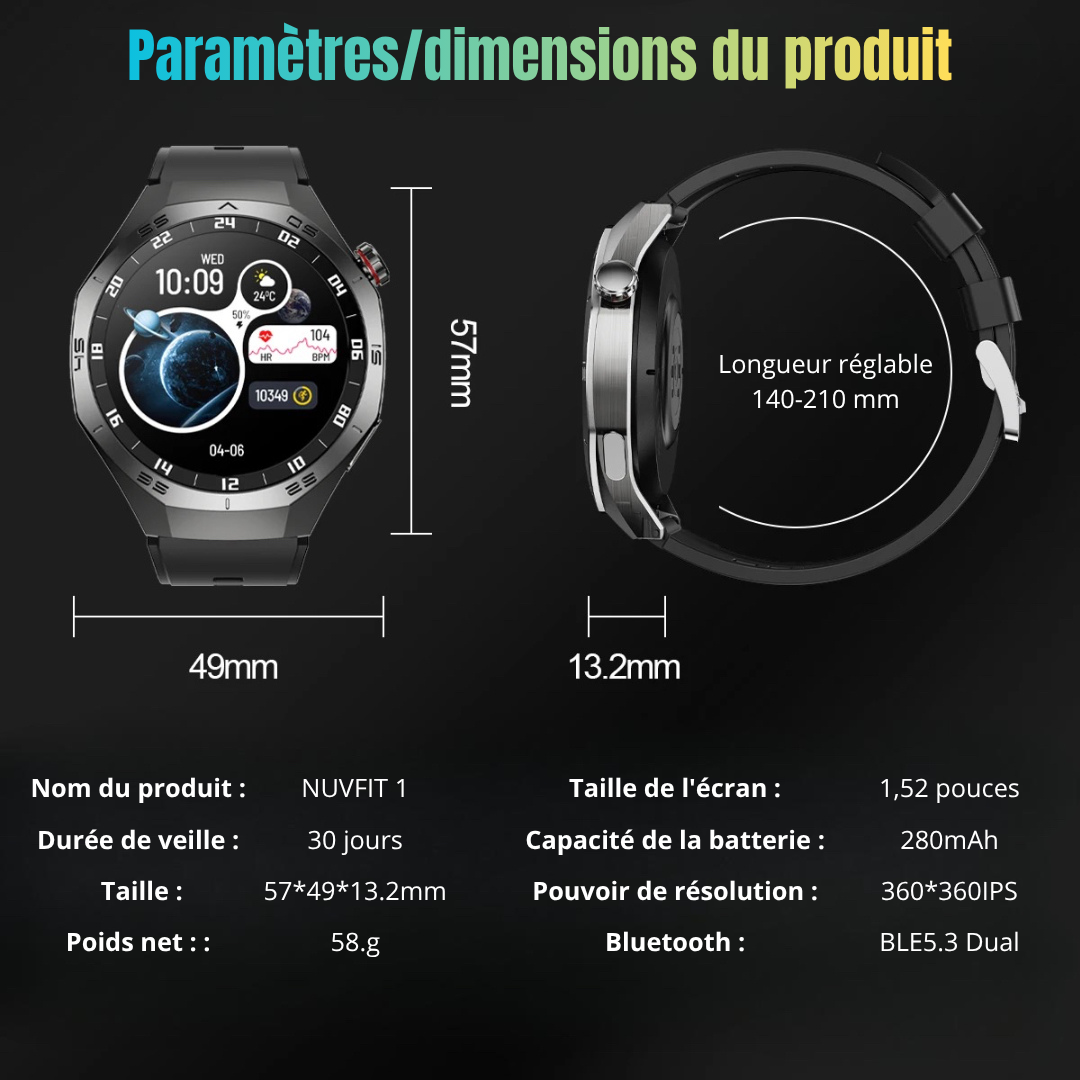 SmartWatch NUVFIT 1 2025 Homme – GPS, Appels Bluetooth & Écran AMOLED !